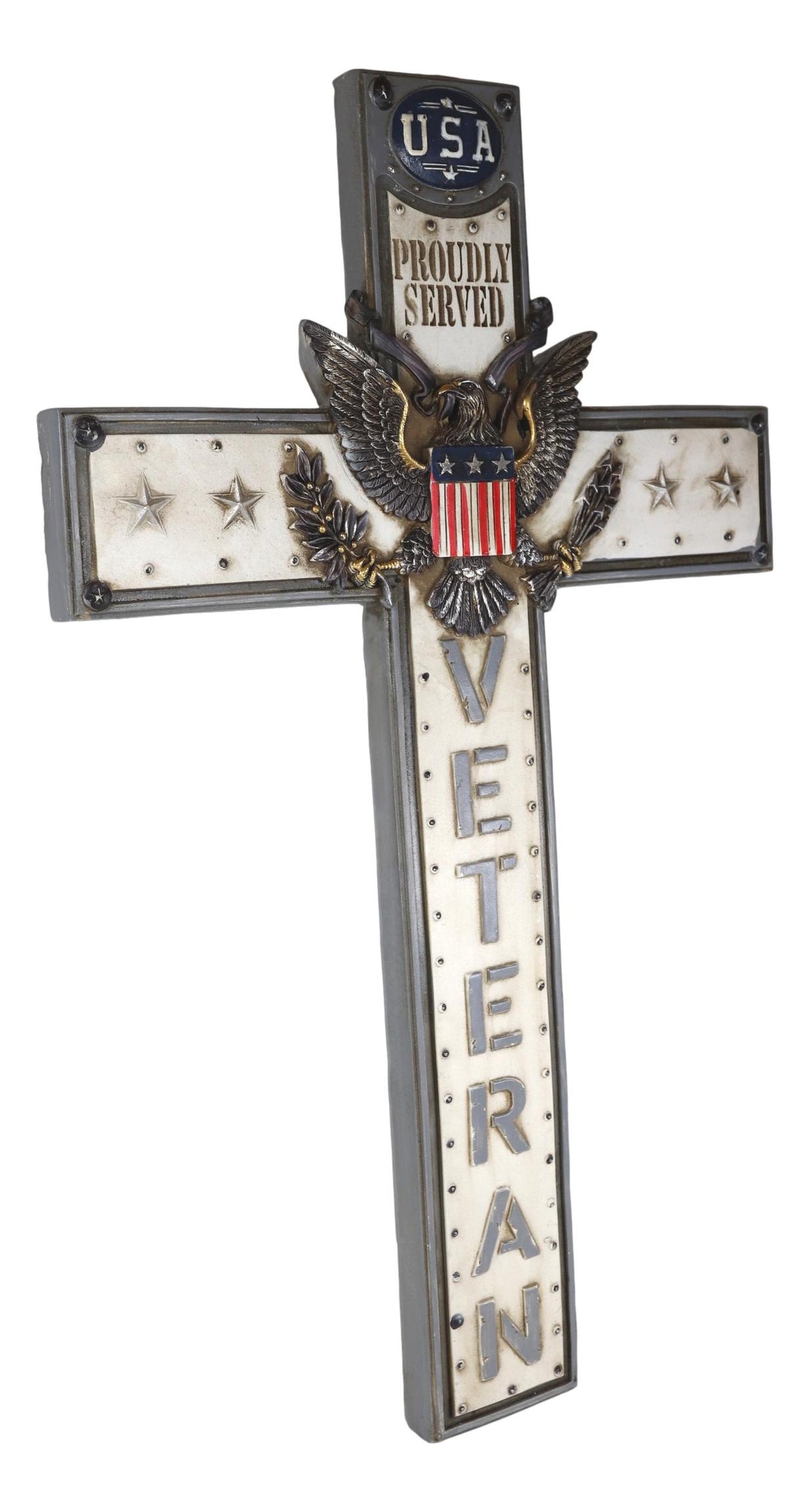 Rustic USA Proudly Served American Flag Great Seal Eagle Veteran Wall Cross