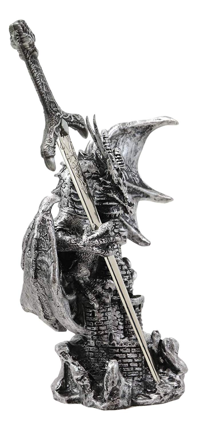 Ebros Gift Legendary Silver Dragon Protecting Castle Tower Letter Opener Figurine Sculpture Home and Office Decorative Sculpture Medieval Renaissance Dungeons and Dragons Fantasy