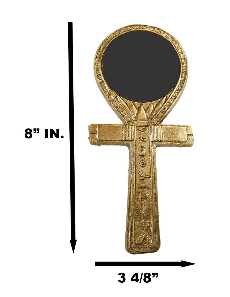 Small Crux Ansata Egyptian Golden Ankh Djed Hand Mirror Figurine 8.25"H New Age