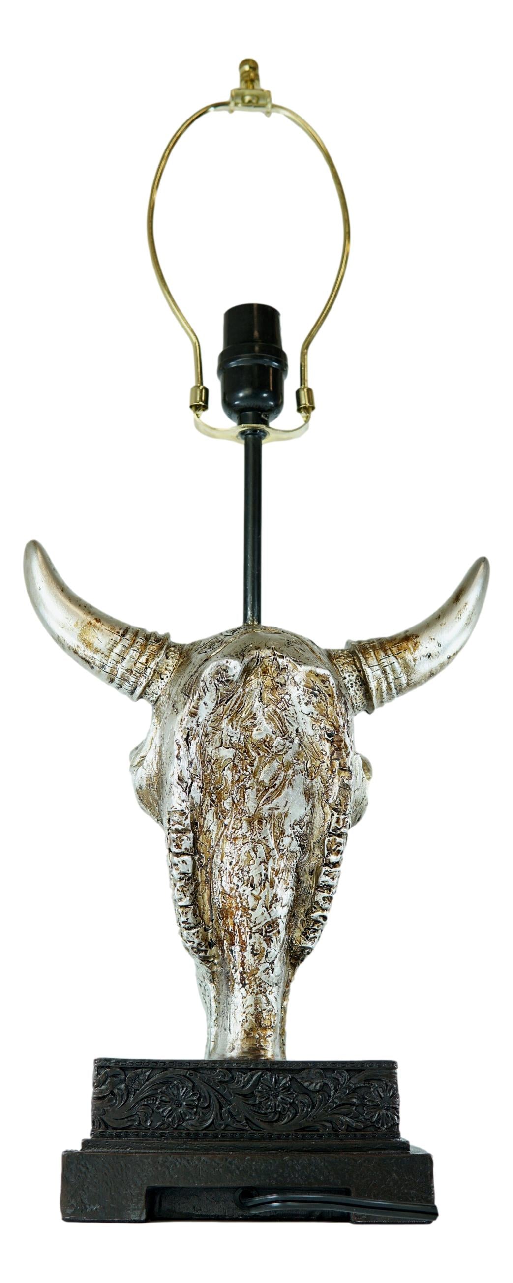 26" Southwest Vintage Rustic Floral Scroll Steer Bison Skull Table Lamp W/ Shade