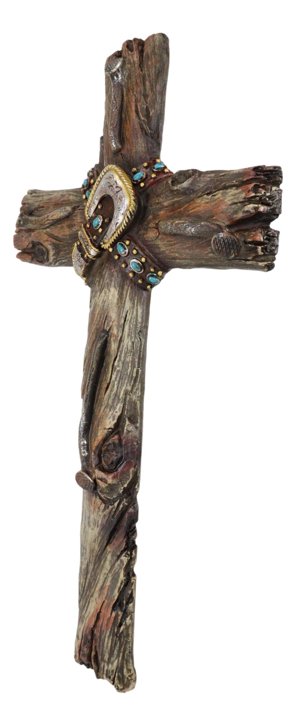 Set of 3 Rustic Western Turquoise Rocks Belt Buckle Conchos Wall Crosses Decor - Ebros Gift