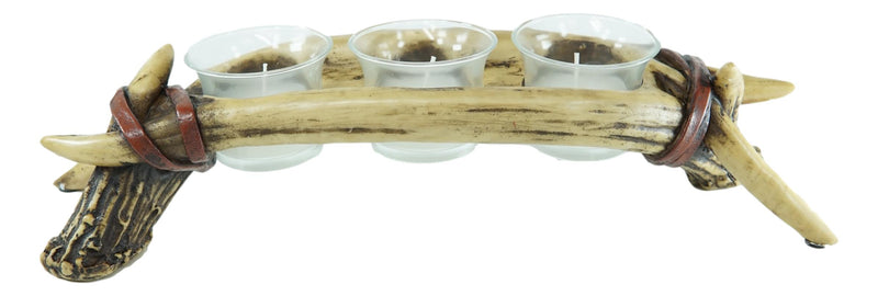 Rustic Buck Elk Deer Stag Entwined Bone Antlers 3 Votive Candles Holder Figurine