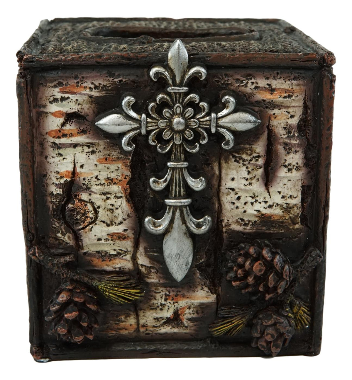 Rustic Southwestern Le Fleur Cross W/ Birch And Pinecones Tissue Box Holder Case - Ebros Gift