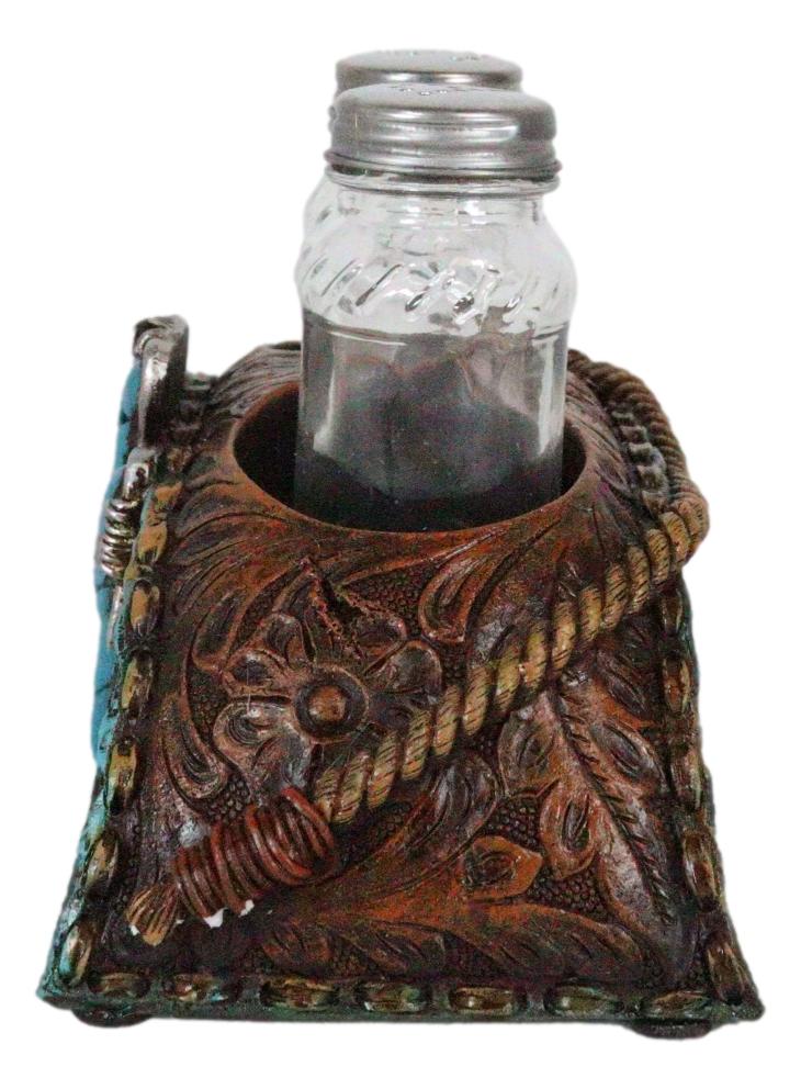 Western Cowboy Horse Saddle Rope Turquoise Cross Salt Pepper Shakers Holder