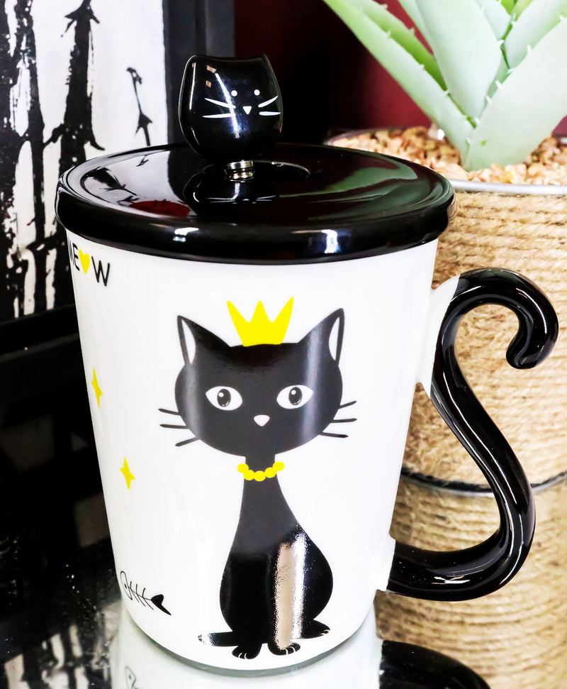 Witchy Black Cat With Golden Crown Ceramic Coffee Tea Mug Cup With Spoon And Lid