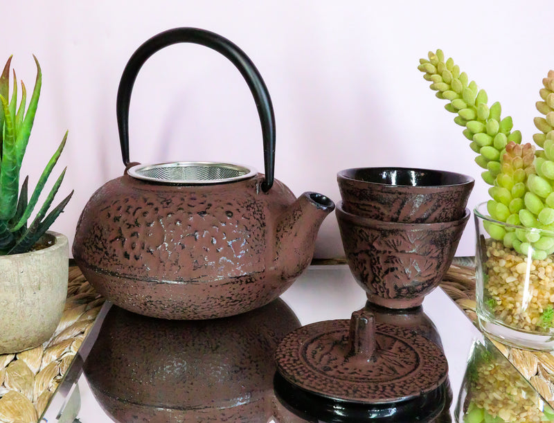 Japanese Bamboo Forest Maroon Red Traditional Heavy Cast Iron Tea Pot and Cups