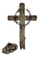 Large Rustic Western Barbed Wire Crown Faux Wood Cross On Rocks Desktop Plaque