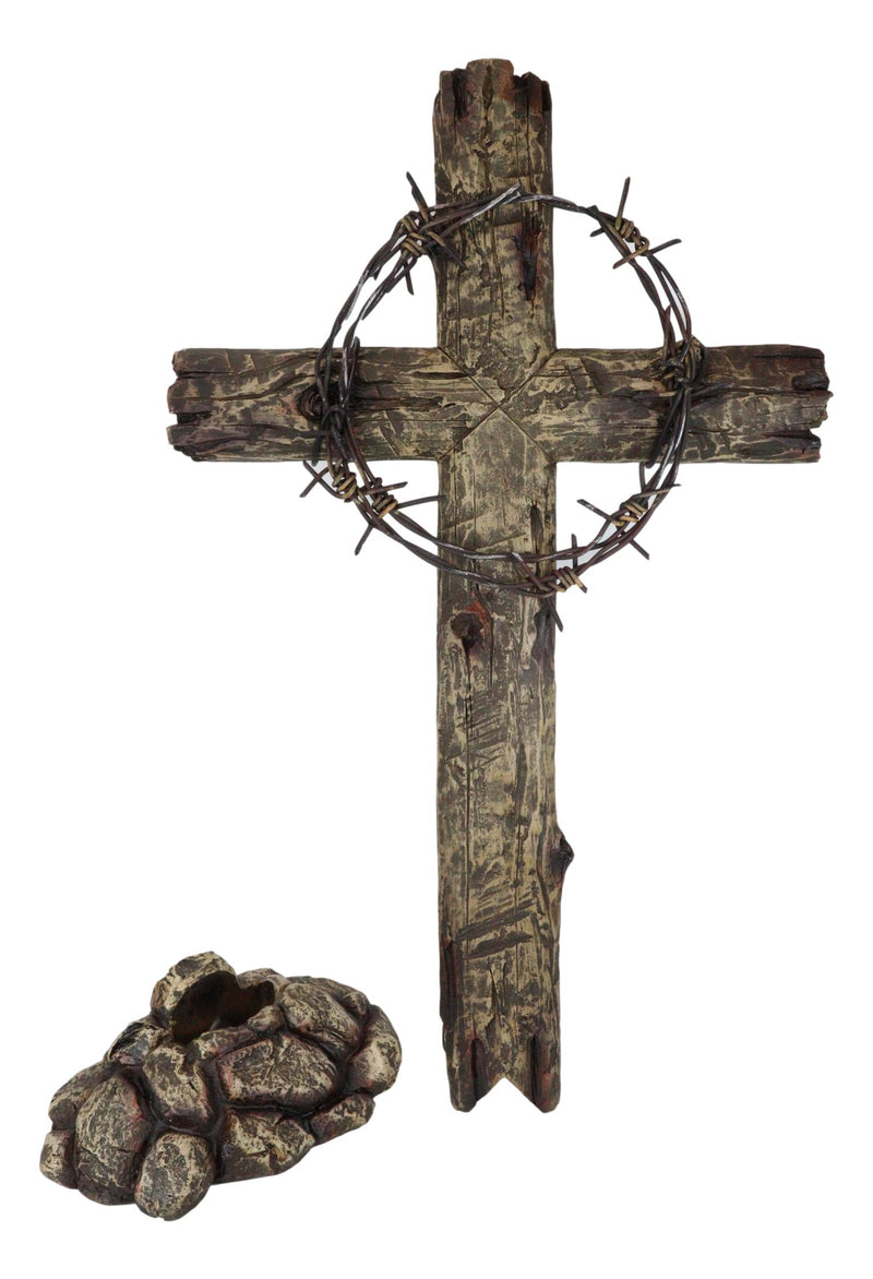 Large Rustic Western Barbed Wire Crown Faux Wood Cross On Rocks Desktop Plaque