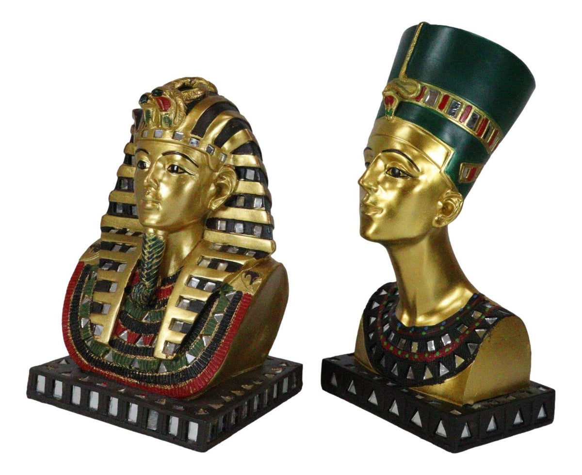Ebros Golden Mask of Egypt Pharaoh King TUT and Queen Nefertiti Statue Set of 2 - Ebros Gift