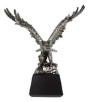 Electroplated Pewter Silver Bald Eagle With Open Wings Landing On Rock Statue