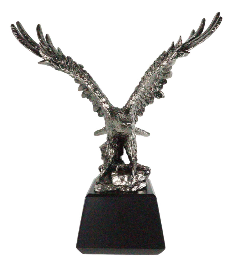 Electroplated Pewter Silver Bald Eagle With Open Wings Landing On Rock Statue