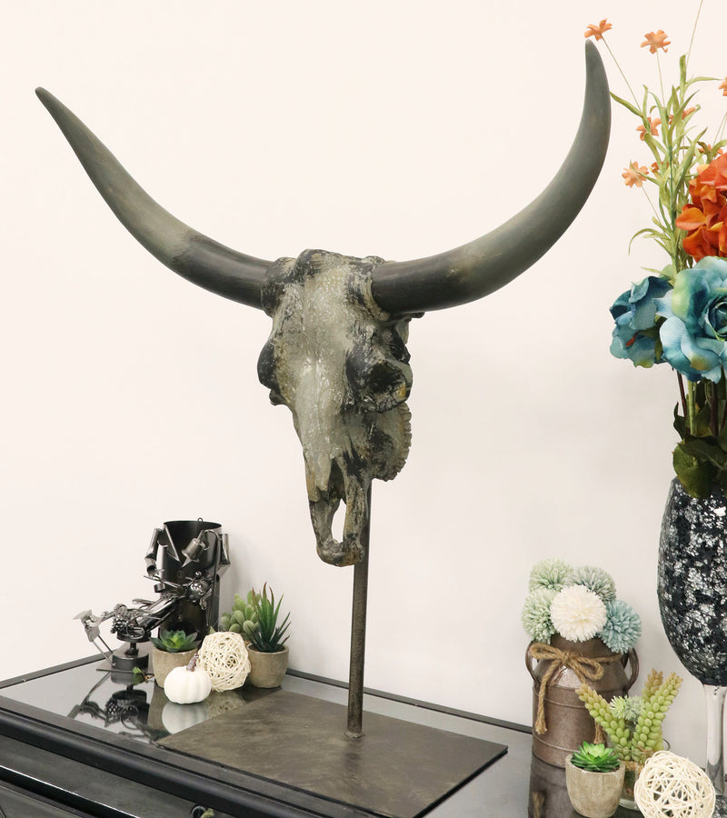 30"H Large Rustic Western Longhorn Bull Steer Skull Desktop Plaque W/ Pole Base