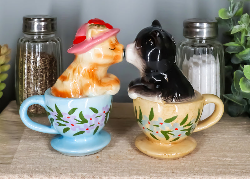 Ceramic Tabby And Black Cats In Tea Cups Magnetic Salt and Pepper Shaker Set