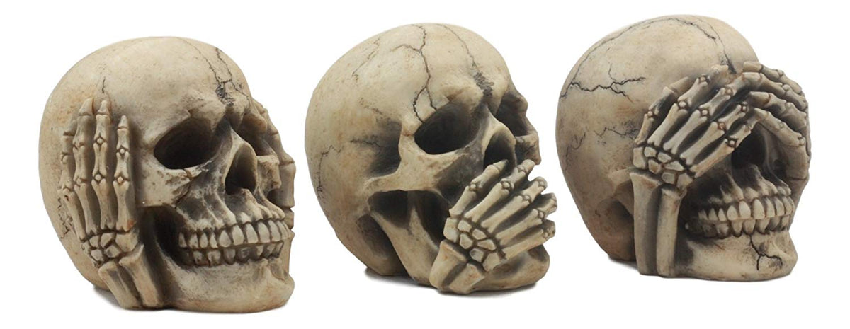 Ebros Gothic Alchemy See Hear Speak No Evil Grinning Skulls Statue Set Of Three 4"High Halloween Decor Ossuary Graveyard Figurines - Ebros Gift
