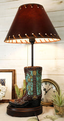 Western Tooled Turquoise Cowboy Boot Hand Painted Desktop Table Lamp With Shade