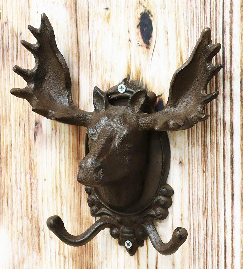 Ebros Cast Iron Western Rustic Bull Moose Head Wall Double Hooks Plaque 9.25"H