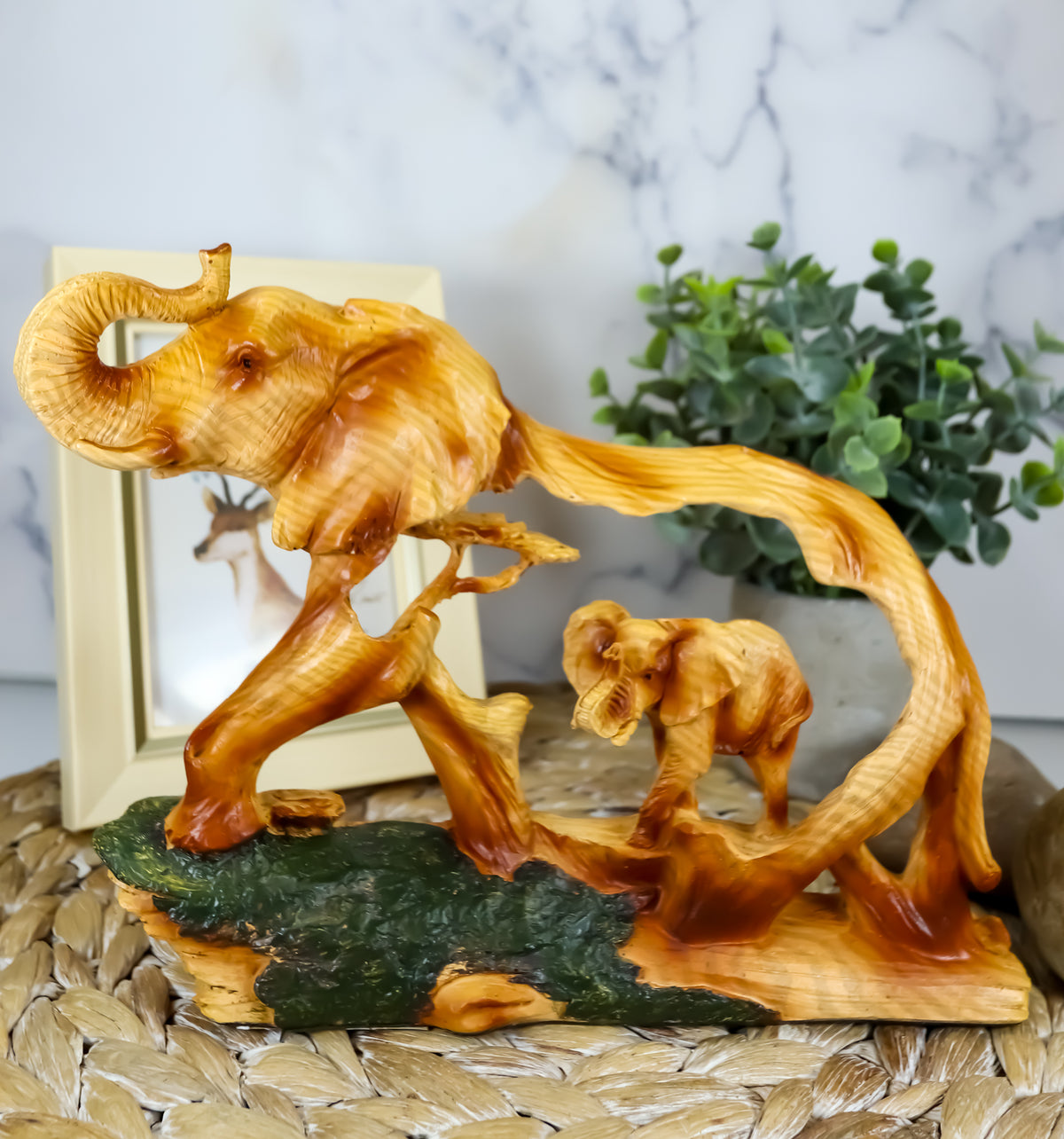 Ebros Elephant and Baby Walking in The Jungle Statue 9" Long Faux Wood Resin Wildlife Safari Elephant Family Scene Figurine - Ebros Gift