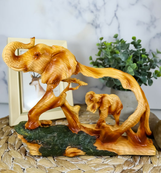 Ebros Elephant and Baby Walking in The Jungle Statue 9" Long Faux Wood Resin Wildlife Safari Elephant Family Scene Figurine - Ebros Gift