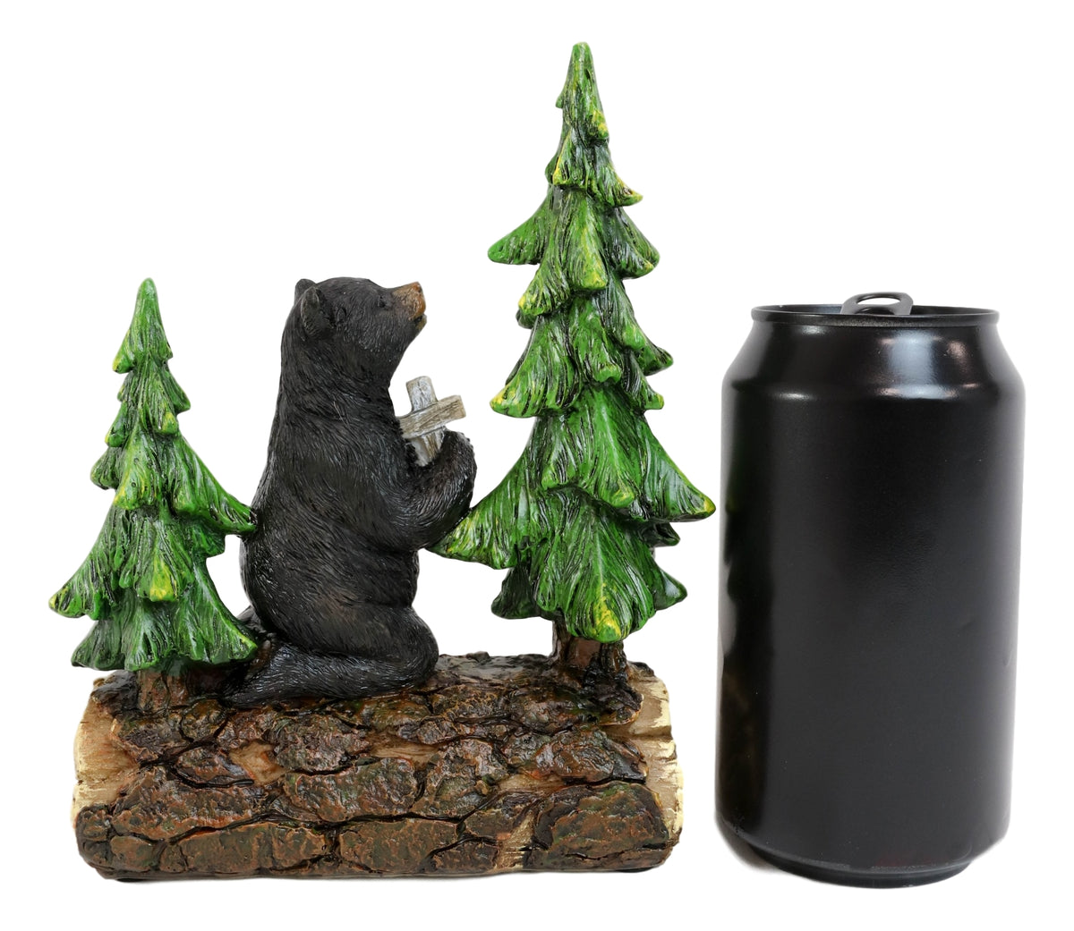 Blessed Rustic Western Black Bear Kneeling On Log by Pine Trees Praying Statue