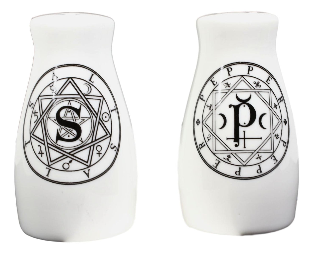 Wicca Sacred Geometry Pentacles Crescent Moons Ceramic Salt n Pepper Shakers Set - Ebros Gift