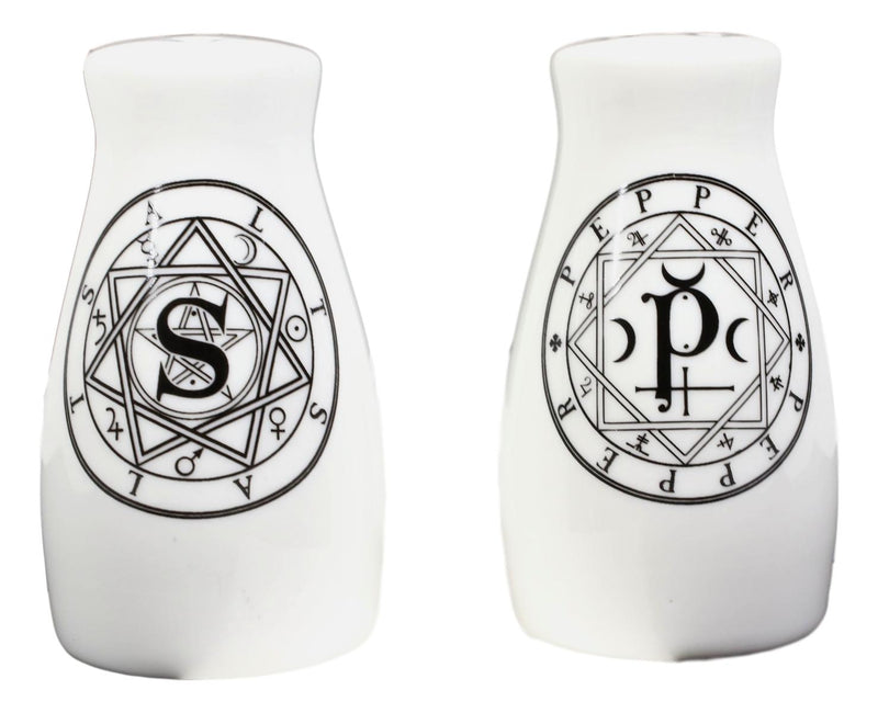 Wicca Sacred Geometry Pentacles Crescent Moons Ceramic Salt n Pepper Shakers Set