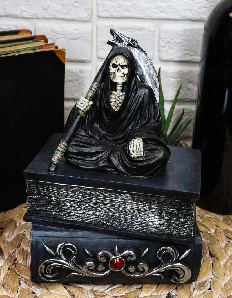 Ebros Macabre Grim Reaper With Scythe Sitting On Books Of Life Jewelry Box