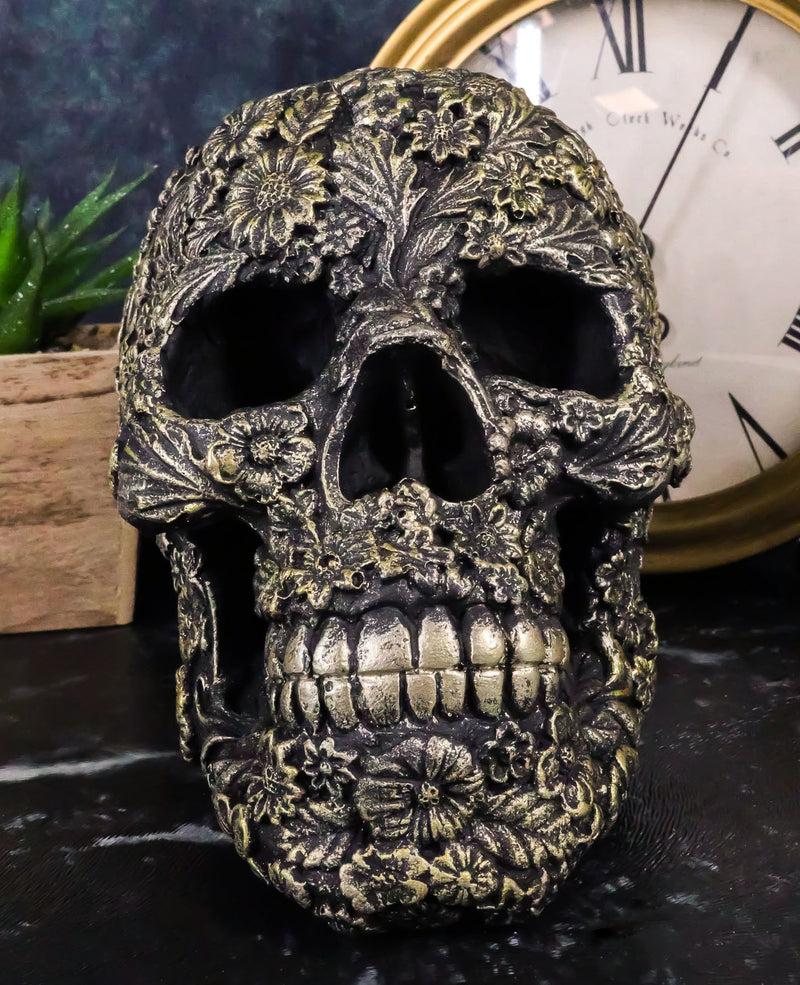 Vintage Bronze Finished Day of The Dead Tooled Flora Fauna Floral Skull Figurine