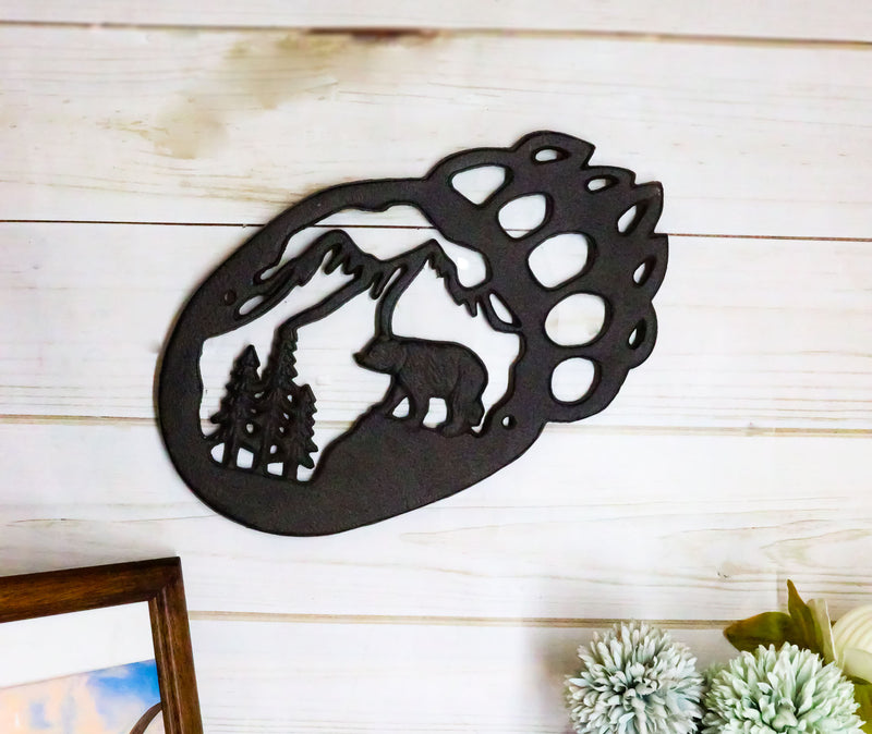 Western Black Bear Paw With Pine Tree Forest And Mountain Cast Iron Wall Decor
