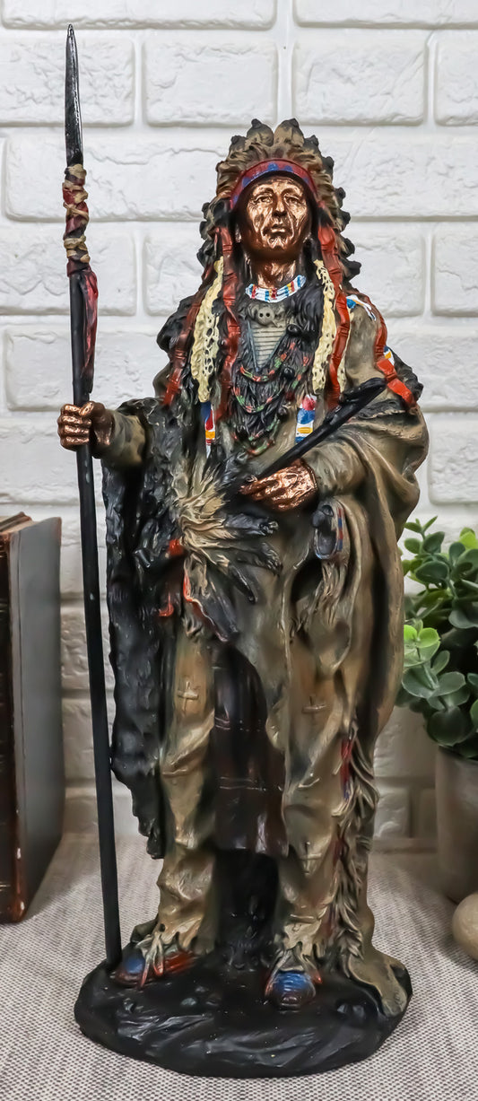 Native American Indian Warrior Chief With Battle Headdress Statue Heritage Decor - Ebros Gift