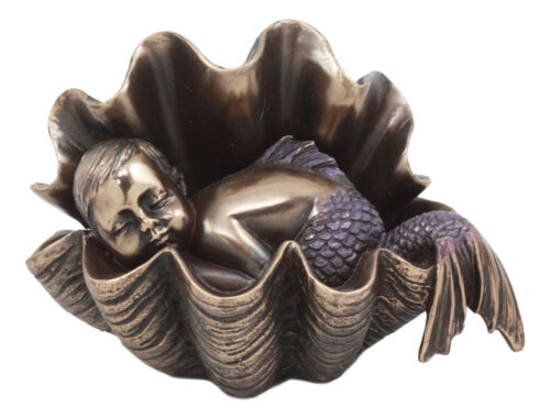 Ebros Atlantis Prince Baby Merboy Sleeping in Giant Oyster Shell Statue 4.25" L Art Nouveau Nautical Mermaid Decorative Figurine