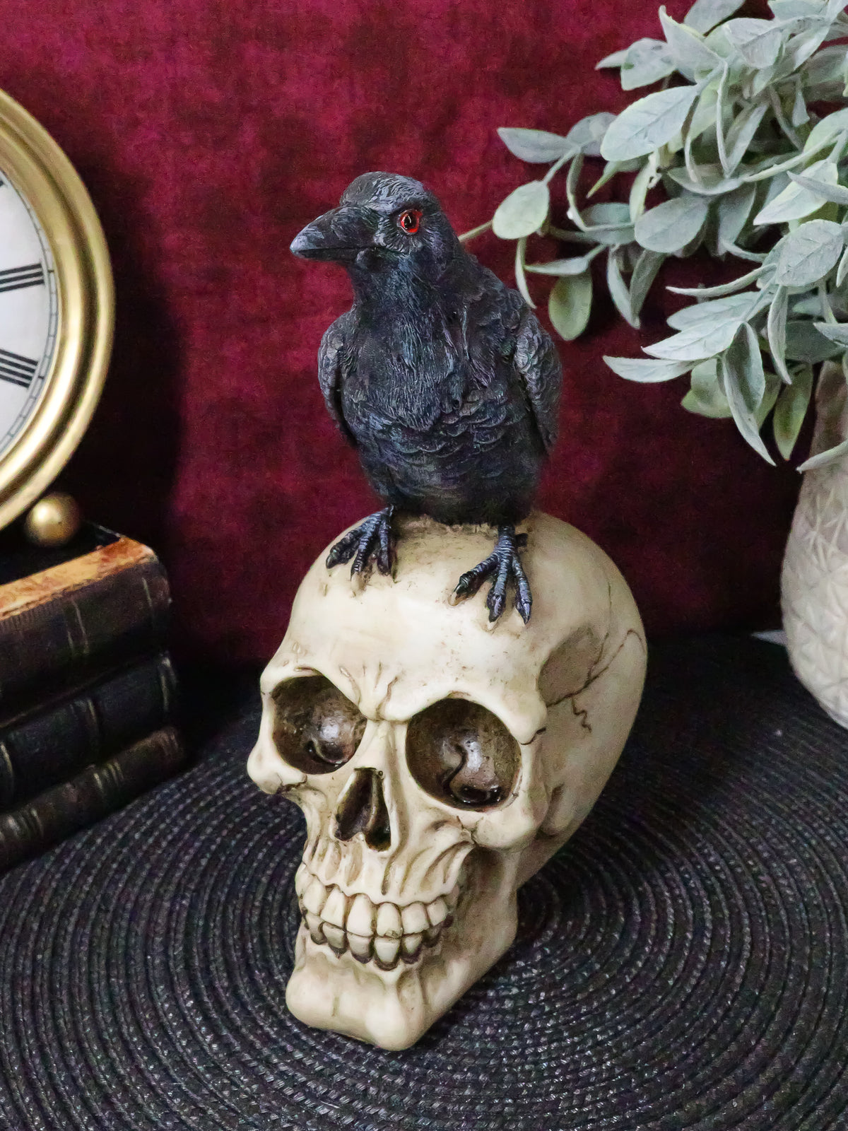 Quoth The Raven Nevermore Black Crow With Red Eyes On Macabre Skull Figurine - Ebros Gift