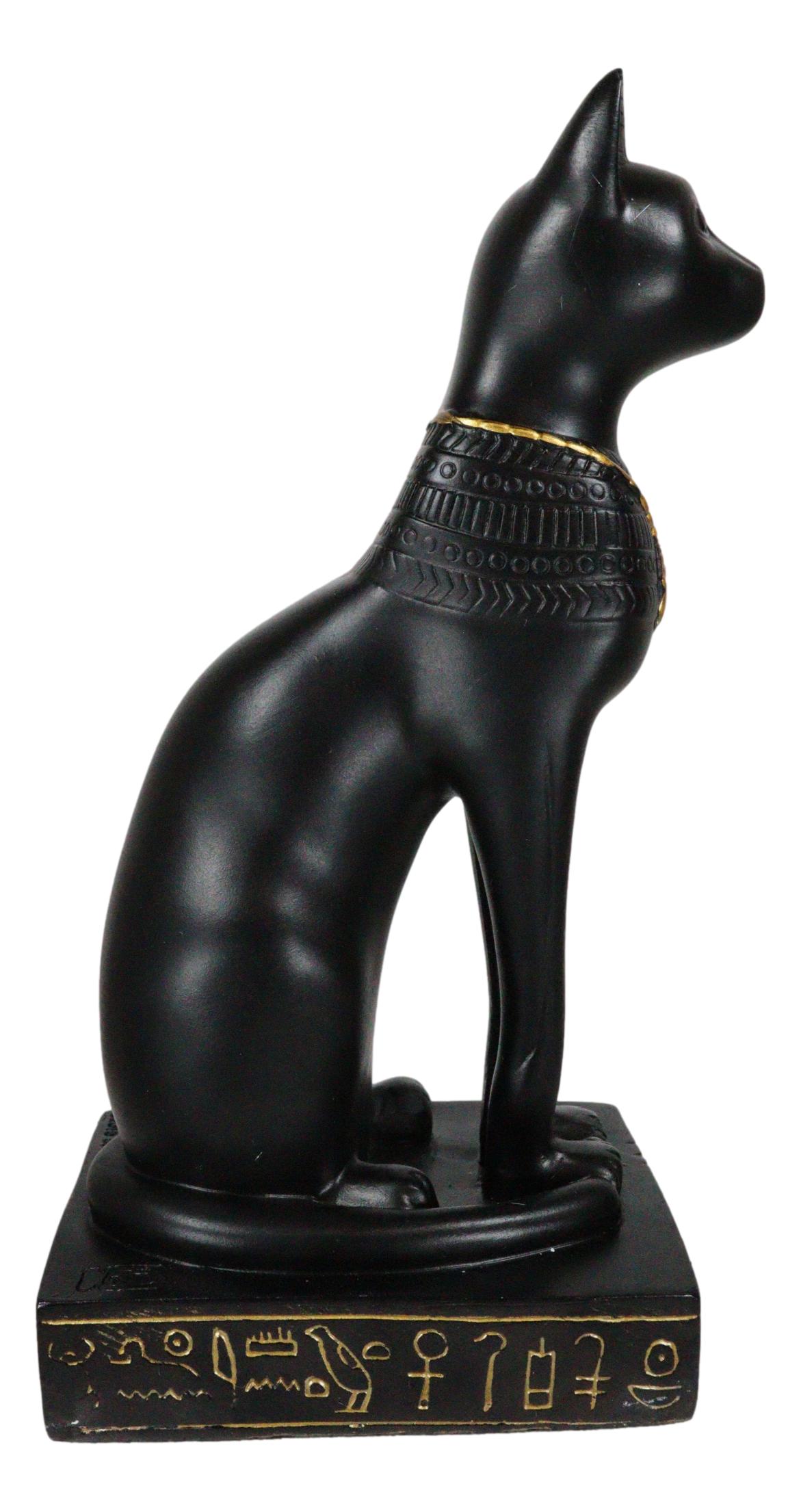Egyptian Feline Goddess Sitting Cat Bastet With Golden Scarab Necklace Figurine