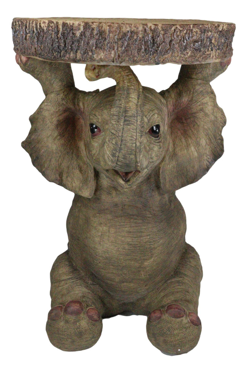 Safari Jungle Baby Calf Elephant Holding Faux Wood Slice Table Stand Figurine