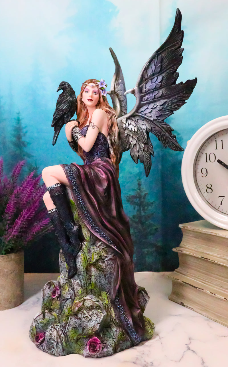 Necromancy Gothic Black Fairy With Raven Crow Sitting On Rock Figurine 15.25"H