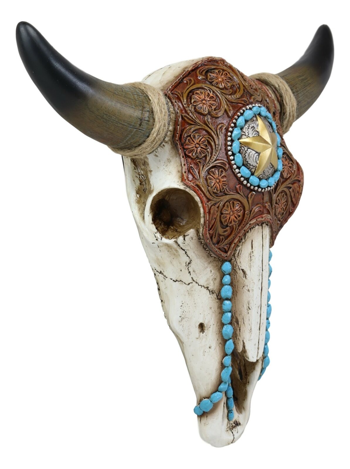 Ebros 13.25" Wide Western Star Tooled Leather Steer Bison Buffalo Bull Cow Horned Skull Head with Turquoise Beads Wall Mount Decor Replica Native Animal Totem Bust Skulls Hanging Plaque Sculpture - Ebros Gift