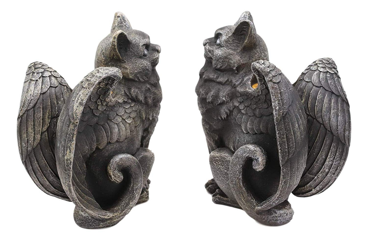 Gothic Angel Winged Cat Gargoyles Left And Right Facing Candle Holder Statue Set - Ebros Gift