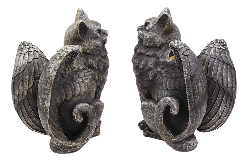 Gothic Angel Winged Cat Gargoyles Left And Right Facing Candle Holder Statue Set