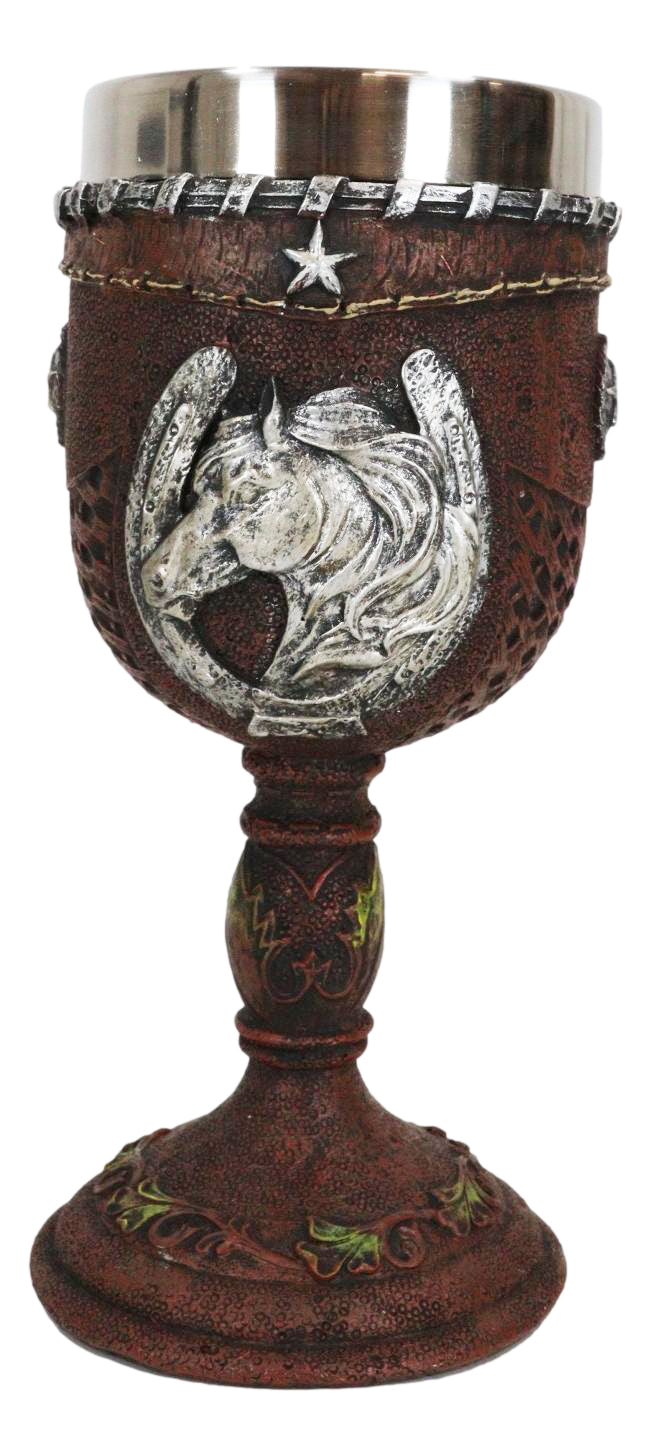 Western Horse Head Giant Horseshoe Lone Stars In Faux Tooled Leather Wine Goblet