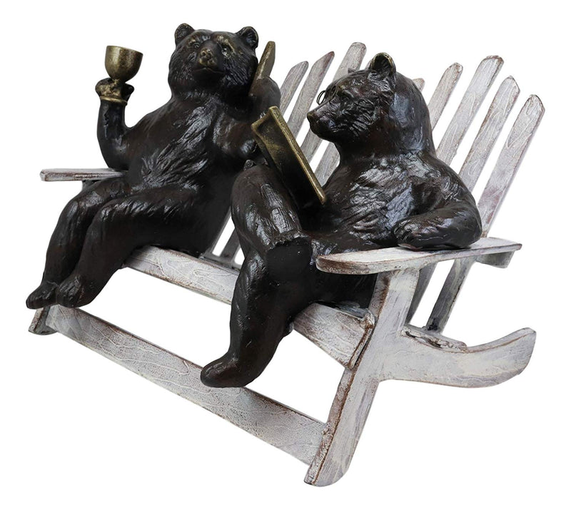 Ebros 15" Long Aluminum Whimsical Modern Grizzly Bear Wife Gossiping On Cell Phone with Wine and Husband Reading Book On Rustic Bench Garden Statue Cabin Lodge Forest Bears Couple Decor Figurine - Ebros Gift