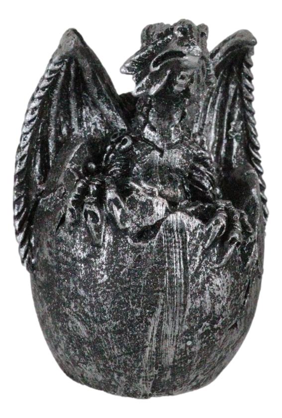 Set of 4 Silver Whimsical Wyrmling Baby Dragon Egg Hatchlings Mini Figurines