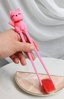 Pink Maneki Neko Lucky Cat Reusable Training Chopsticks Set With Silicone Helper