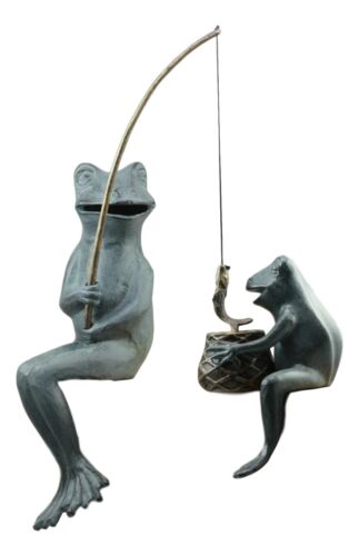 Ebros Large Verdi Green Aluminum Mama Frog and Baby Frog Fishing Garden Statue Bonding Time Whimsical Frog Themed Pond Patio Poolside Decorative Edge Sitter Sculpture Figurine