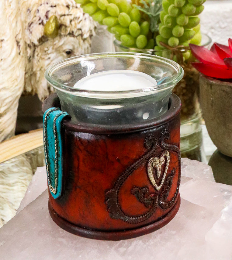 Western Cowgirl Red Love Heart Scrollwork Lace Faux Leather Votive Candle Holder