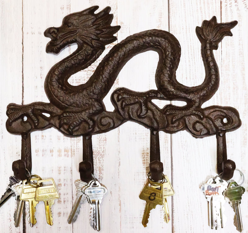 Cast Iron Rustic Chinese Dragon King 4-Pegs Wall Keys Leash Coat Hook Decor