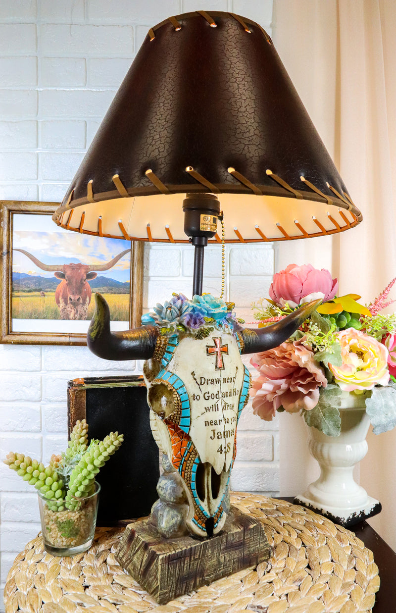 succulents in the bible Western Cowboy Cow Skull With Floral Succulents Bible Verse Table Lamp– Ebros Gift
