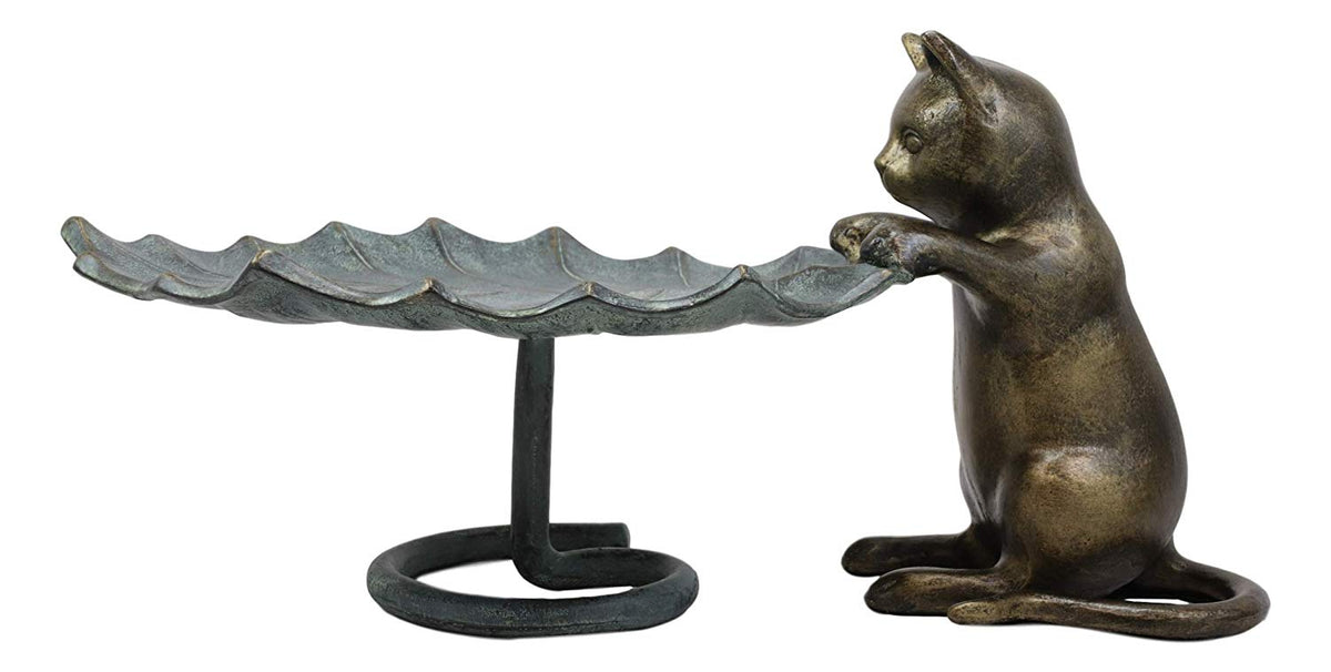 17"L Aluminum Rustic Whimsical Curious Kitten Cat With Leaf Bird Feeder Statue - Ebros Gift