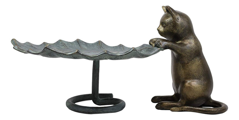 17"L Aluminum Rustic Whimsical Curious Kitten Cat With Leaf Bird Feeder Statue