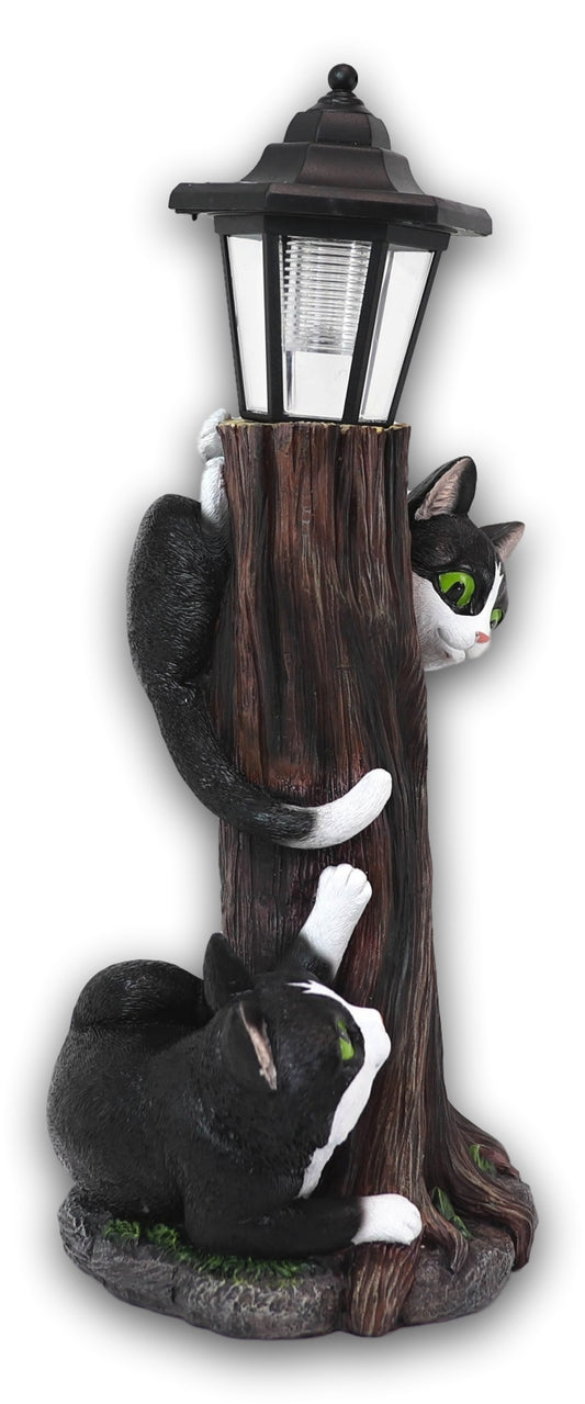 Black Kitten Cats by Garden Tree Outpost Statue With Solar LED Lantern Light - Ebros Gift