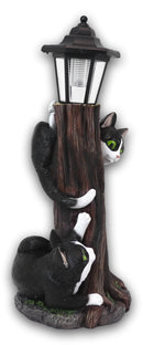 Black Kitten Cats by Garden Tree Outpost Statue With Solar LED Lantern Light