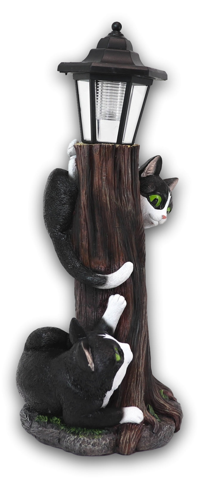 Black Kitten Cats by Garden Tree Outpost Statue With Solar LED Lantern Light